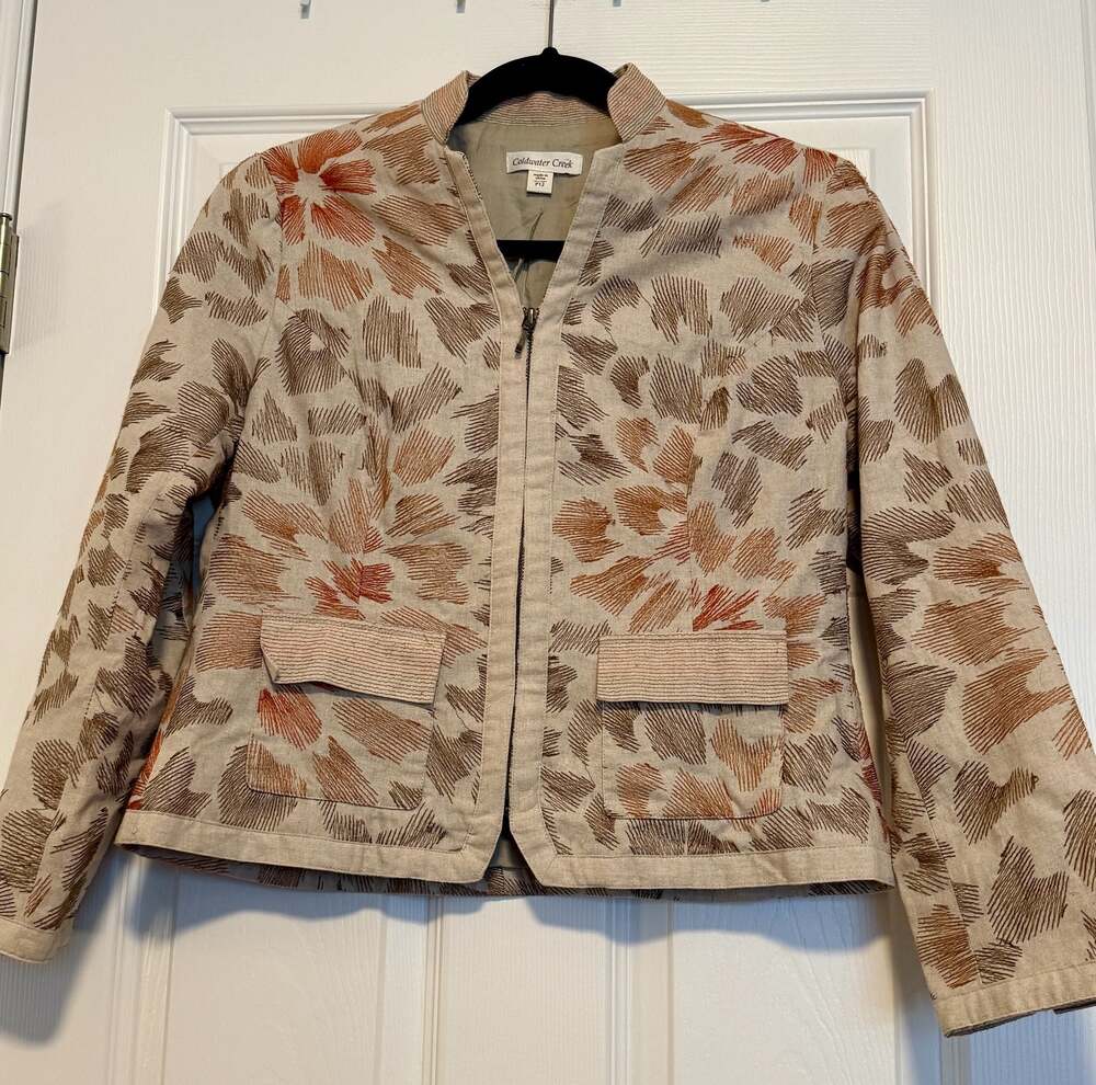 Coldwater Creek Petite Size 12 Tan Linen Blend Embroidered Full Zip Jacket